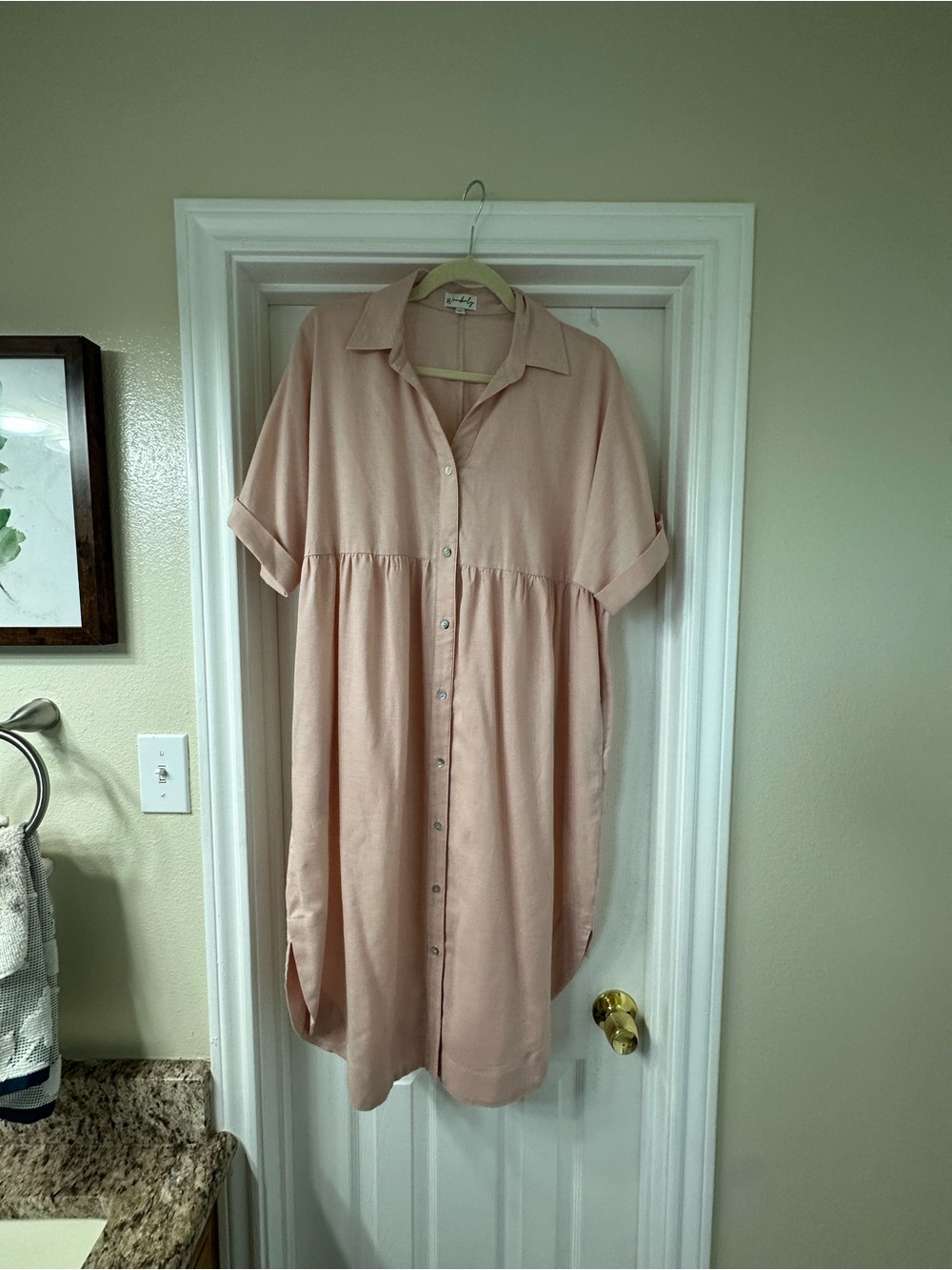 NWOT Wonderly Soft Blush Button-Front Midi Shirt Dress